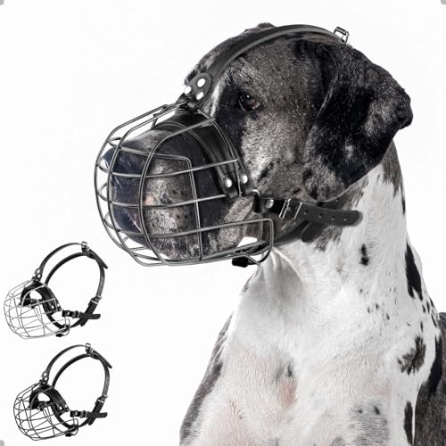 ILEPARK Hundemaulkorb aus Metall mit Lederriemen, Pitbull, Deutsche Dogge, Rottweiler, Sicherer Drahtkorb, Atmungsaktiv, Verstellbare Passform für Große Hunde (Schwarz) von ILEPARK