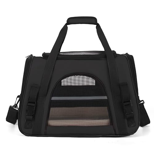Haustier Transporttasche Katze Hund Tragetasche Faltbar Weiche Tragetasche Mit Netzfenstern Und Schultergurt Wasserdicht Atmungsaktiv FüR Reisen Auto Zug Flugzeug (Schwarz,L 50 x B 34 x H 34 cm) von ILESTDG
