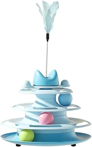 ILESTDG Interaktives Katzenturm, Interaktives Katzenspielzeug Mit Kugeln Und Federstab,Spielzeug Für Indoor-Katzen, Katzenspielzeug,4 Schichten, Türme, Fun Roller Exerciser Ball Tracks (Blau) von ILESTDG
