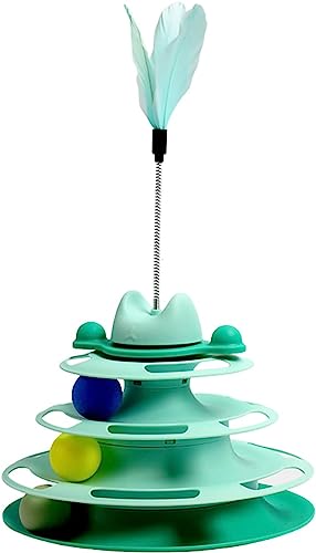 ILESTDG Interaktives Katzenturm, Interaktives Katzenspielzeug Mit Kugeln Und Federstab,Spielzeug Für Indoor-Katzen, Katzenspielzeug,4 Schichten, Türme, Fun Roller Exerciser Ball Tracks (Grün) von ILESTDG