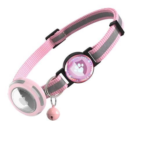 ilFindYou Airtag Katzenhalsband, Breakaway, reflektierende Katzenhalsbänder mit Apple Airtag-Halter, verstellbares Kätzchenhalsband mit Glocken, Rosa von ILFINDYOU