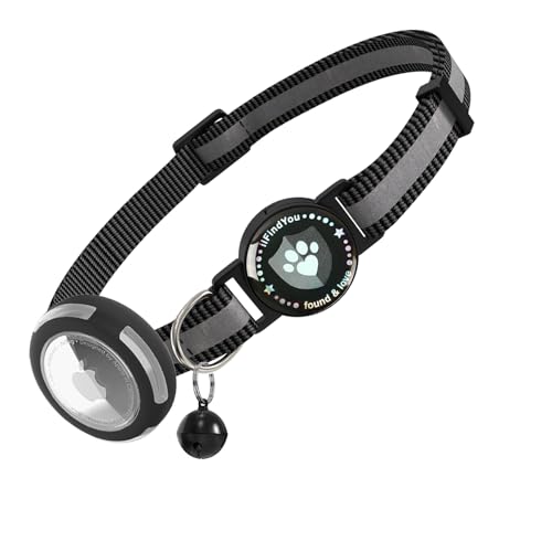 ilFindYou Airtag Katzenhalsband, Breakaway, reflektierende Katzenhalsbänder mit Apple Airtag-Halter, verstellbares Kätzchenhalsband mit Glocken, Schwarz von ILFINDYOU