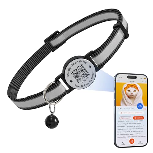 ilFindYou Katzenhalsband mit Glöckchen, reflektierendes Katzenhalsband mit QR-Code, verstellbares Kätzchenhalsband mit Namensschild, Schwarz ilFindYou Katzenhalsband mit Glöckchen, reflektierendes Katzenhalsband mit QR-Code, verstellbares Kätzchenhalsband mit Namensschild, Schwarz von ILFINDYOU