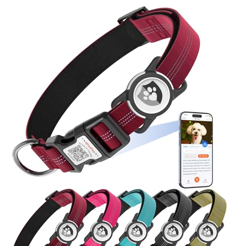 ilFindYou Reflektierendes Hundehalsband mit AirTag-Halterung für große Hunde, weiches Nylon, Burgunderrot, Größe L ilFindYou Reflektierendes Hundehalsband mit AirTag-Halterung für große Hunde, weiches Nylon, Burgunderrot, Größe L von ILFINDYOU