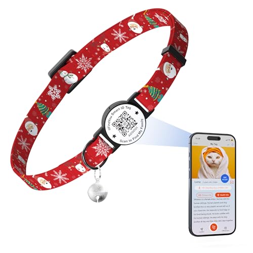 ilFindYou Weihnachtliches Katzenhalsband mit Glöckchen, Weihnachtsmuster, Kätzchen-Halsband mit QR-Code, Katzenmarke, rote Schneeflocke von ILFINDYOU