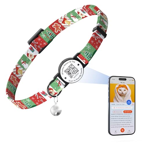 ilFindYou Weihnachtliches Katzenhalsband mit Glöckchen, Weihnachtsmuster, Kätzchenhalsband mit QR-Code, Katzenmarke, Weihnachtsmuster von ILFINDYOU