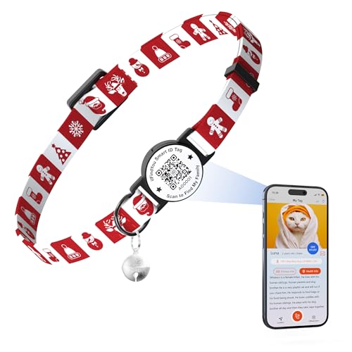 ilFindYou Weihnachtliches Katzenhalsband mit Glöckchen, Weihnachtsmuster, Kätzchenhalsband mit QR-Code, Katzenmarke, kariert von ILFINDYOU
