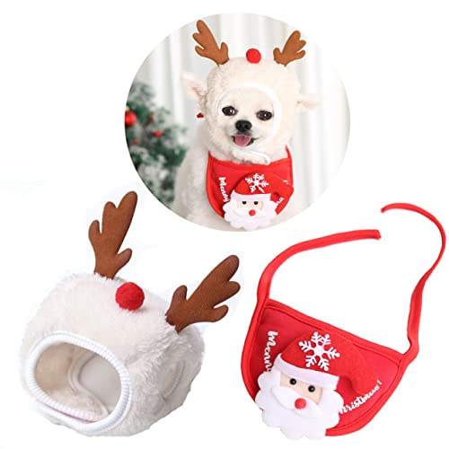 2-in-1 Hunde-Weihnachts-Outfit für Hunde und Katzen, lustiges Rentier-Kostüm, Weihnachtsmütze + Weihnachts-Bandana-Lätzchen-Outfit für kleine Hunde und Katzen von IMDOUBLEDOU