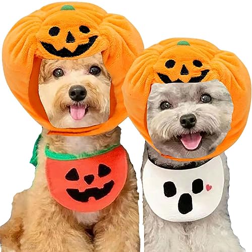 3-in-1-Hunde-Halloween-Kostüme für kleine mittelgroße Hunde, Katzen, Jungen, Mädchen, Halloween, niedlich, lustig, Kürbis, Hundehalstuch, Geister-Hunde-Bandana, passend für 9 - 22,7 kg von IMDOUBLEDOU