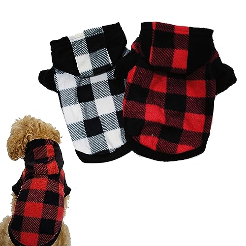 Plaid Dog Hoodie Pet Fleece Sweater Wintermantel mit Hut für kleine Hunde Katzen Classic Plaid Haustier Kleidung Welpenpullover, ideale Geschenke für Urlaub Weihnachten (XS, 2 Stück Schwarz und Rot von IMDOUBLEDOU