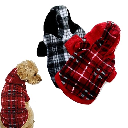 Plaid Dog Hoodie Pet Fleece Sweater Wintermantel mit Hut für kleine Hunde Katzen Classic Plaid Haustierkleidung Welpenpullover, ideale Geschenke für Urlaub Weihnachten (S, 2 Stück Schwarz und Rot von IMDOUBLEDOU
