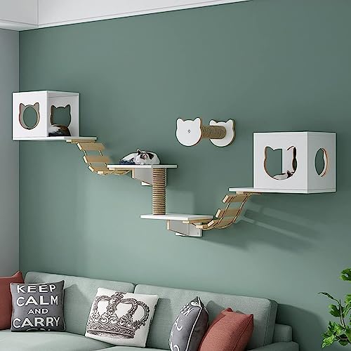 Kletterwand Katzen, 5-teiliges Katzenkletterset zur Wandmontage mit Katzenhaus und Leiter, 2 Katzensitzstangen und Katzenklettersäule (Size : Combo4) von IMIDIA