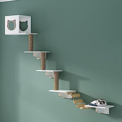 Kletterwand-Katzenständer aus Holz für den Innenbereich, 5-teiliges Katzenkletterset zur Wandmontage mit Katzenhaus und Leiter, 2 Katzensitzstangen und Katzenklettersäule von IMIDIA