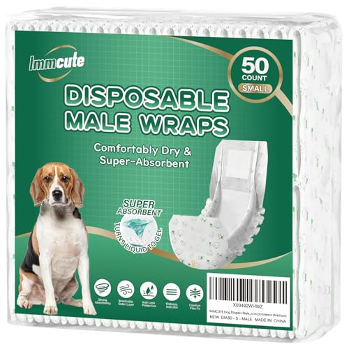 IMMCUTE Hundewindeln für männliche Hunde, klein, 50 Stück, Einwegwindeln mit Nässeindikator, verstellbare Welpenwindeln, Flashdry Gel-Technologie, männliche Hundewickel für Inkontinenz, männliche von IMMCUTE