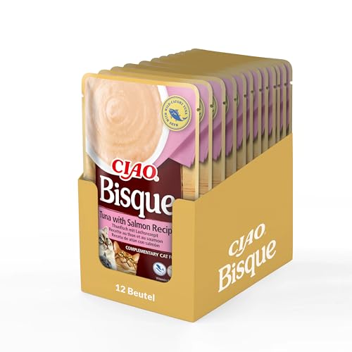 INABA Ciao Bisque Katzensnacks 86% Feuchtigkeit und Vitamin E, Cremige Premium Katzenleckerlis mit Thunfisch & Lachs 40 g (12er Pack), Leckere Ergänzung für Nass- und Trockenfutter INABA Ciao Bisque Katzensnacks 86% Feuchtigkeit und Vitamin E, Cremige Premium Katzenleckerlis mit Thunfisch & Lachs 40 g (12er Pack), Leckere Ergänzung für Nass- und Trockenfutter von INABA