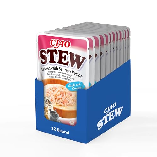 INABA Ciao Stew Katzensnacks 86% Feuchtigkeit und Vitamin E, Cremige Premium Katzenleckerlis mit Huhn & Lachs 40 g (12er Pack), Leckere Ergänzung für Nass- und Trockenfutter INABA Ciao Stew Katzensnacks 86% Feuchtigkeit und Vitamin E, Cremige Premium Katzenleckerlis mit Huhn & Lachs 40 g (12er Pack), Leckere Ergänzung für Nass- und Trockenfutter von INABA