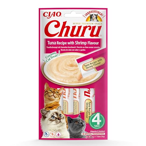 INABA Churu Püree Katzensnacks - Katzenpaste zum Füttern aus der Hand - Katzensticks mit Thunfisch & Garnelen - 4 Sticks x 14 g von INABA