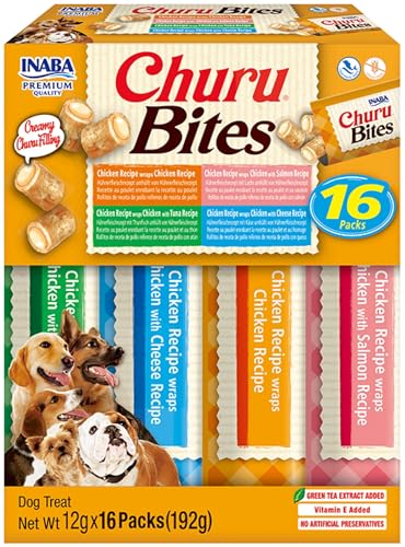 INABA Churu Bites Snacks für Hunde, Hühnerleckereien in 4 Sorten von Geschmacksrichtungen – 16 Sticks x 12 g – Leckere Leckereien für weiche und leckere Hunde – Hundefutter ohne Konservierungsstoffe von INABA