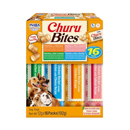 INABA Churu Bites Snacks für Hunde, Hühnerleckereien in 4 Sorten von Geschmacksrichtungen – 16 Sticks x 12 g – Leckere Leckereien für weiche und leckere Hunde – Hundefutter ohne Konservierungsstoffe von INABA