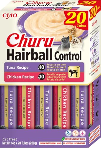 INABA Churu Hairball Control Cremige Premium Katzenleckerlis mit Taurine und Vitamin E, Huhn & Thunfisch 20 x 14 g von INABA