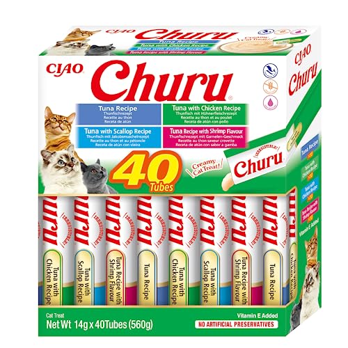 INABA Churu - Katzen-Leckerlies aus 4 Sorten Meeresfrüchte und Thunfisch als Püree - Schmackhafte Katzensnacks - Glatte & Cremige Textur - Tiernahrung - 40 Tuben x 14g von INABA