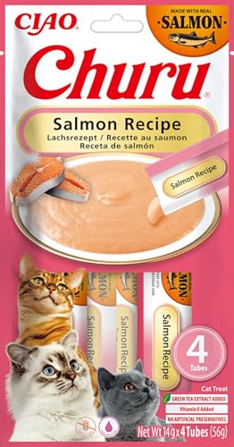 INABA Churu Katzenleckerlis Cat Treats mit 30% Lachs, Reich an Omega 3, Vitamin E, Kollagen, Nur 12 kcal pro Tube | Gesunde Katzen Schleckies aus Japan 56 g (1er Pack) von INABA
