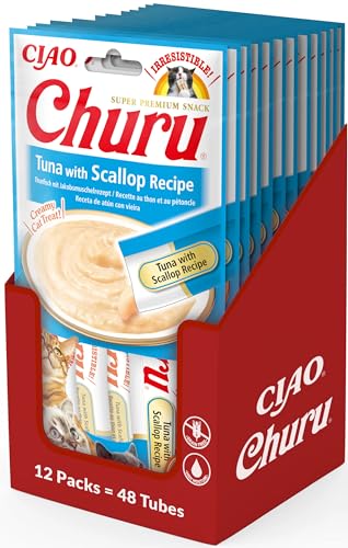 INABA Churu - Katzenleckerlis mit Thunfisch- und Jakobsmuschelpüree - Köstliche Snacks für Katzen - Glatte und cremige Textur - Katzenfutter - 48 Tuben x 14g von INABA