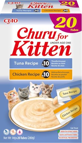 INABA Churu Kitten Snack für Kätzchen unter 12 Monaten - Geschmacksrichtungen Thunfisch und Huhn, 20 Sticks x 14 g - Futter für kleine Katzen mit Omega 3 und 6, Taurin und Vitamin E, unterstützt das von INABA