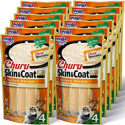 INABA Churu Lickable Purée Natural Cat Treats for Skin and Coat with Omega Oils, Taurine and Vitamin E, 0.5 Ounces Each - Chicken Recipe (48 Tubes) von INABA