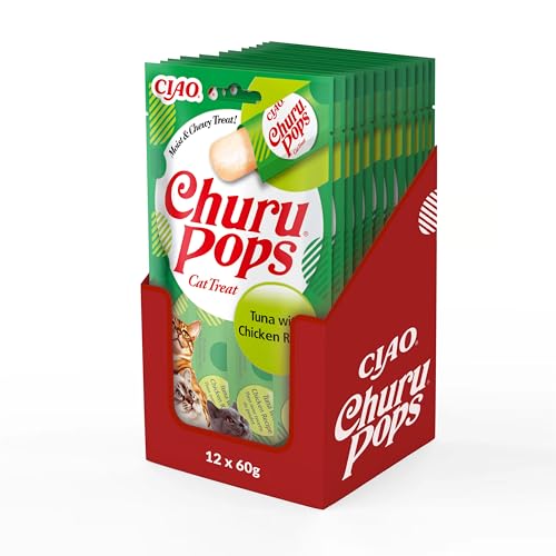 INABA Churu Pops Reich an Hähnchen und Thunfisch Katzenleckerlis | Getreidefrei, Zuckerfrei, ohne künstliche Aromen, Hoher Feuchtigkeitsgehalt Katzensnacks 60 g (12er Pack) von INABA