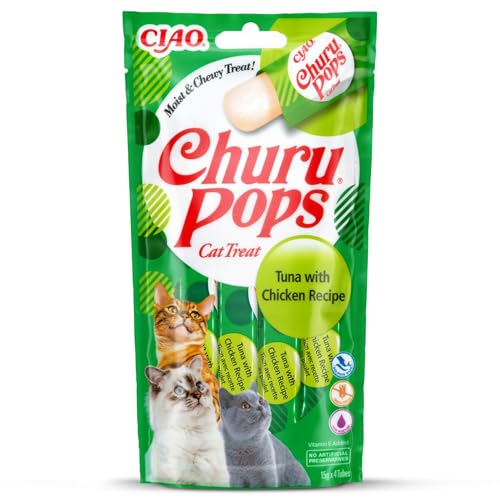 INABA Churu Pops Reich an Hühnerfleisch & Thunfisch Katzenleckerlis | Getreidefrei, Zuckerfrei, Keine Nebenerzeugnisse, 88% Feuchtigkeit, nur 7 kcal pro Tube, Premium Katzensnacks 60 g (1er Pack) von INABA
