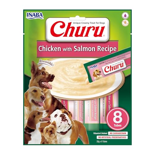 INABA Churu Püree Hundeleckerli - Köstlicher Hundesnacks in handlichen Portionen, Getreidefrei, Huhn & Lachs (8x20g) von INABA