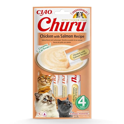 INABA Churu Püree Katzensnacks - Katzenpaste zum Füttern aus der Hand - Katzensticks mit Huhn & Lachs - 4 Sticks x 14 g von INABA