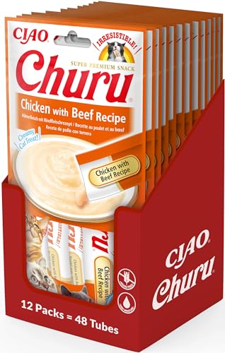 INABA Churu Püree Katzen-Leckerli - Katzenpaste zum Füttern aus der Hand - Katzensticks mit Hund & Rindfleisch - 12 Packung / 48 Sticks INABA Churu Püree Katzen-Leckerli - Katzenpaste zum Füttern aus der Hand - Katzensticks mit Hund & Rindfleisch - 12 Packung / 48 Sticks von INABA