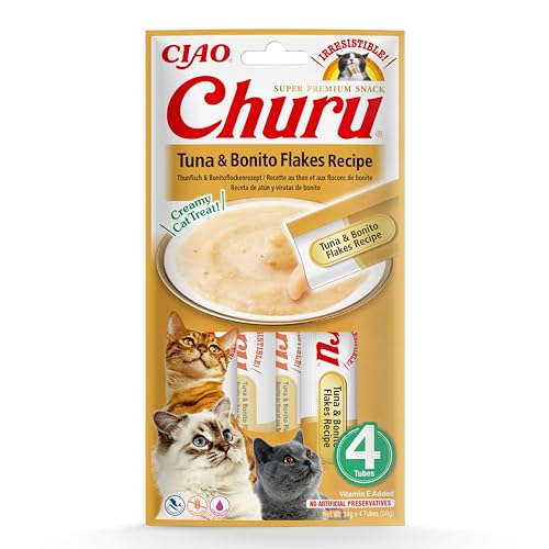 INABA Churu Püree Katzensnacks - Katzenpaste zum Füttern aus der Hand - Katzensticks mit Thunfisch & Bonitoflocken - 4 Sticks x 14 g von INABA