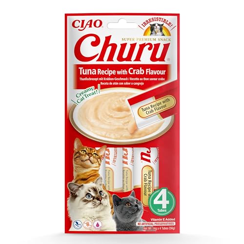 INABA Churu Püree Katzensnacks - Katzenpaste zum Füttern aus der Hand - Katzensticks mit Thunfisch & Krabben - 4 Sticks x 14 g von INABA