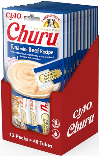 INABA Churu Püree Katzen-Leckerli - Katzenpaste zum Füttern aus der Hand - Katzensticks mit Thunfisch & Rindfleisch - 12 Packung / 48 Sticks von INABA