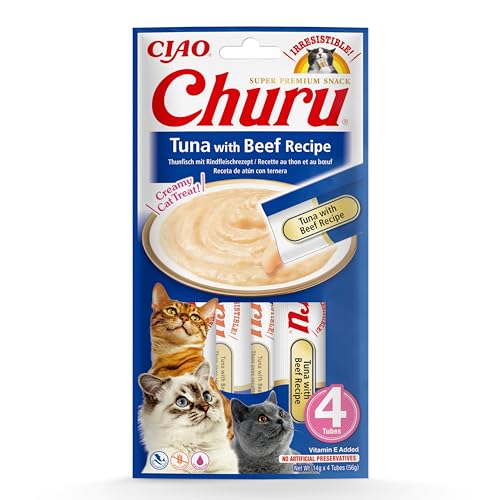 INABA Churu Püree Katzensnacks - Katzenpaste zum Füttern aus der Hand - Katzensticks mit Thunfisch & Rindfleisch - 4 Sticks x 14 g von INABA