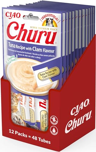 INABA Churu Püree Katzen-Leckerli - Katzenpaste zum Füttern aus der Hand - Katzensticks mit Thunfisch & Venusmuschel - 12 Packung / 48 Sticks INABA Churu Püree Katzen-Leckerli - Katzenpaste zum Füttern aus der Hand - Katzensticks mit Thunfisch & Venusmuschel - 12 Packung / 48 Sticks von INABA