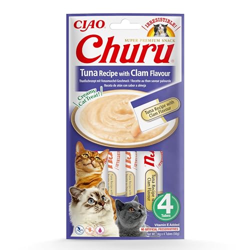 INABA Churu Püree Katzensnacks - Katzenpaste zum Füttern aus der Hand - Katzensticks mit Thunfisch & Venusmuschel - 4 Sticks x 14 g von INABA