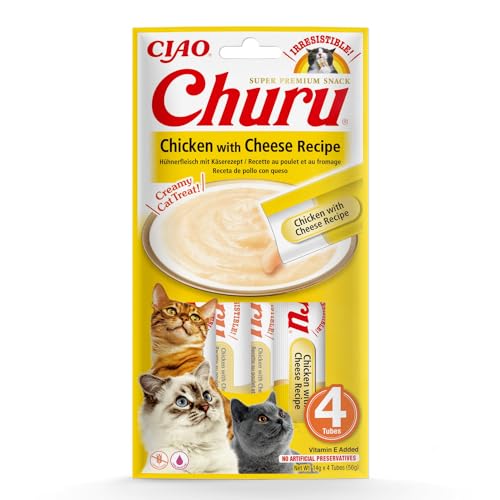 INABA Churu Püree Katzen-Leckerli - Katzenpaste zum Füttern aus der Hand - Köstliche Katzensnacks zum Schlecken - Katzensticks mit Hühnchen und Käse - 1 Packung / 4 Sticks, 14 g (4er Pack) von INABA