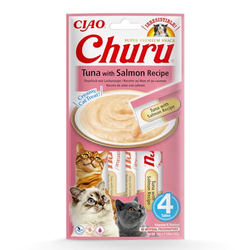 INABA Churu Püree Katzen-Leckerli - Katzenpaste zum Füttern aus der Hand - Köstliche Katzensnacks zum Schlecken - Katzensticks mit Thunfisch und Lachs - 1 Packung / 4 Sticks von INABA