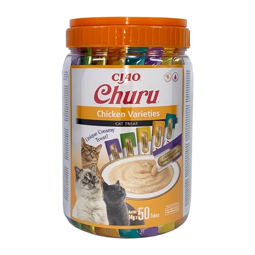 INABA Churu - Katzen-Leckerlies aus Verschiedenen Pürierten Hühnersorten - Katzensnacks - Leckerchen mit Glatter & Cremiger Textur - Tiernahrung - 50 Tuben x 14g von INABA