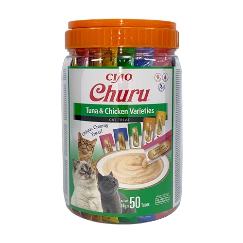 INABA Churu Püree Katzenleckerli Multipack - 10X Thunfisch, 10X Thunfisch & Huhn, 10X Huhn, 10X Thunfisch & Lachs, und 10X Huhn & Käse, 50 Tuben von INABA