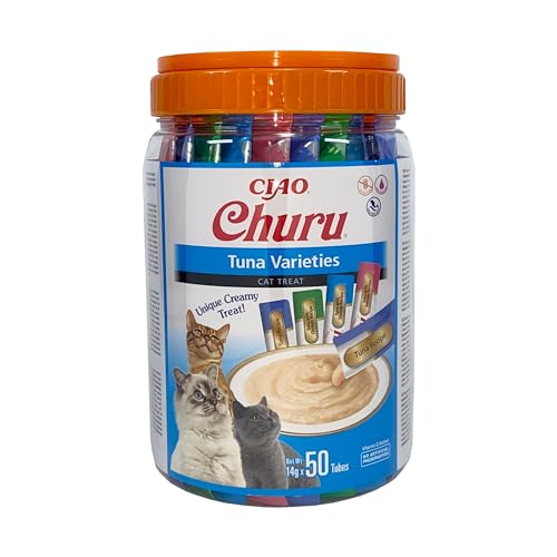 INABA Churu - Katzen-Leckerlies aus Verschiedenen Pürierten Thunfischsorten - Katzensnacks - Leckerchen Glatte & Cremige Textur - Tiernahrung - 50 Tuben x 14g von INABA