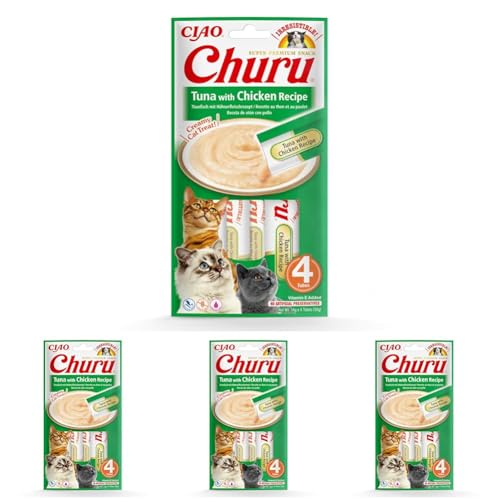 INABA Churu Püree - Katzenleckerlis zum Füttern aus der Hand, Köstliche Katzensnacks zum Schlecken, Leckerchen in Handlichen Portionen, Thunfisch & Huhn - 1 Pack 4x14g Katzenfutter (Packung mit 4) von INABA