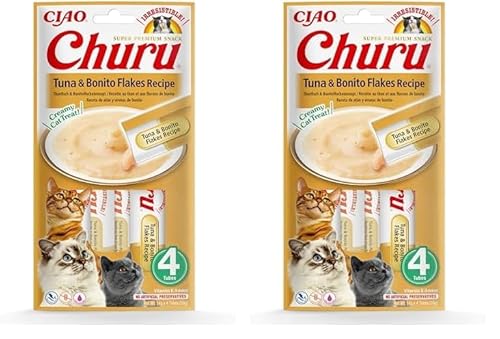INABA Churu Püree Katzensnacks - Katzenpaste zum Füttern aus der Hand - Katzensticks mit Thunfisch & Bonitoflocken - 4 Sticks x 14 g (Packung mit 2) von INABA