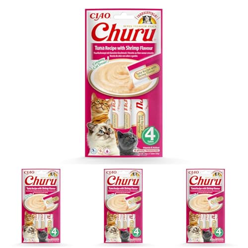 INABA Churu Püree Katzensnacks - Katzenpaste zum Füttern aus der Hand - Katzensticks mit Thunfisch & Garnelen - 4 Sticks x 14 g (Packung mit 4) von INABA