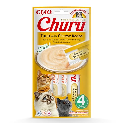 INABA Churu Püree Katzensnacks - Katzenpaste zum Füttern aus der Hand - Katzensticks mit Thunfisch & Käse - 4 Sticks x 14 g von INABA