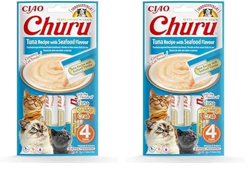 INABA Churu Püree Katzensnacks - Katzenpaste zum Füttern aus der Hand - Katzensticks mit Thunfisch & Meeresfrüchte - 4 Sticks x 14 g (Packung mit 2) von INABA